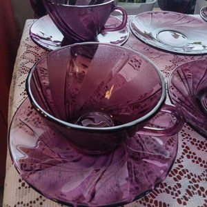 Vereco France Ametyst Glass Tea Set, 6 Saucers & 4 Teacups
